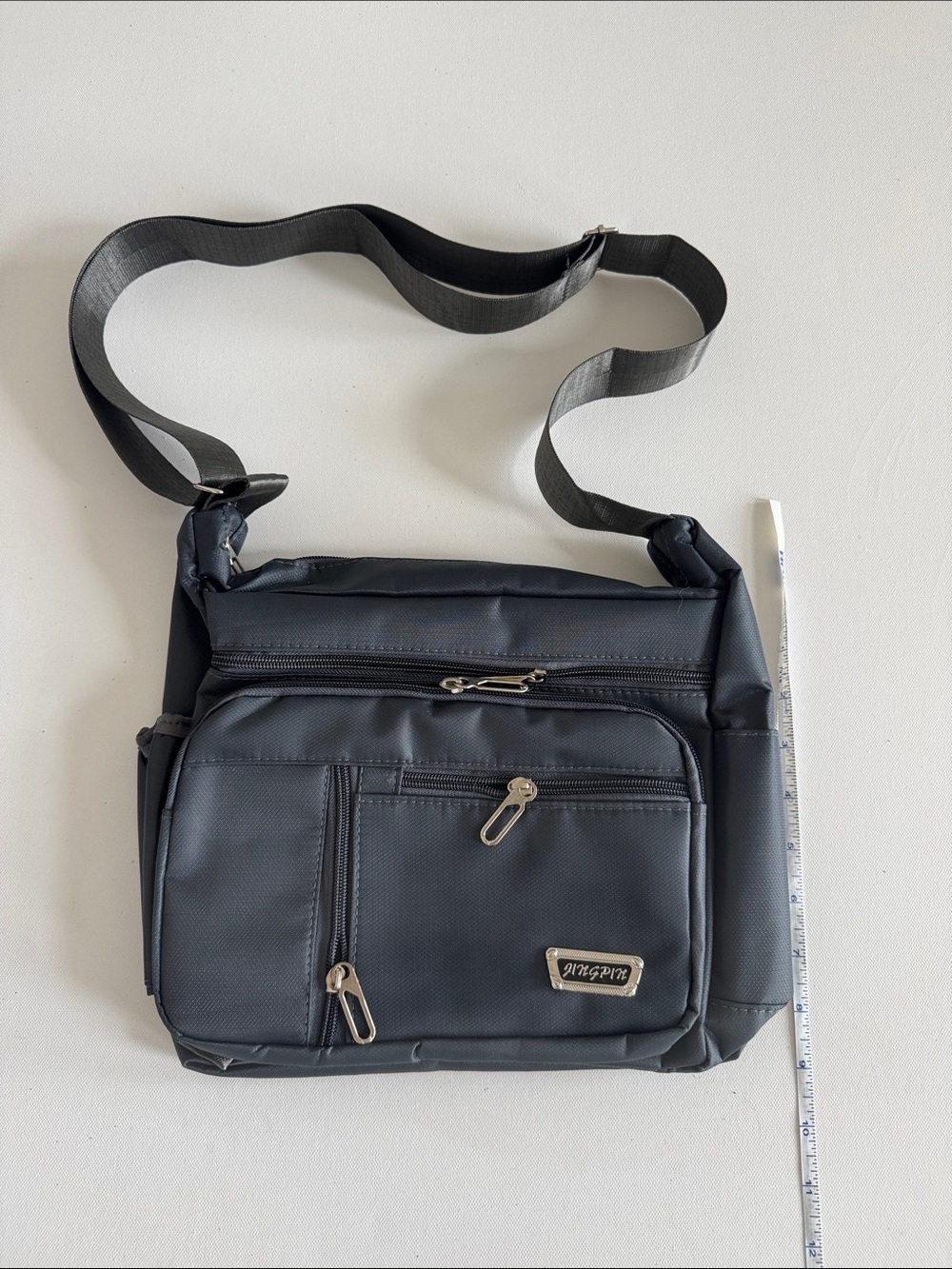 Men's Gray Messenger Crossbody Bag with Multiple Zip Pockets